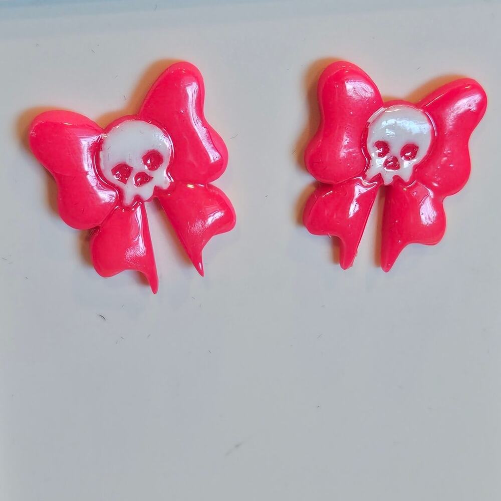 Skull‎ Bow Neon Pink Stud Earrings Halloween Handmade Kawaii Goth